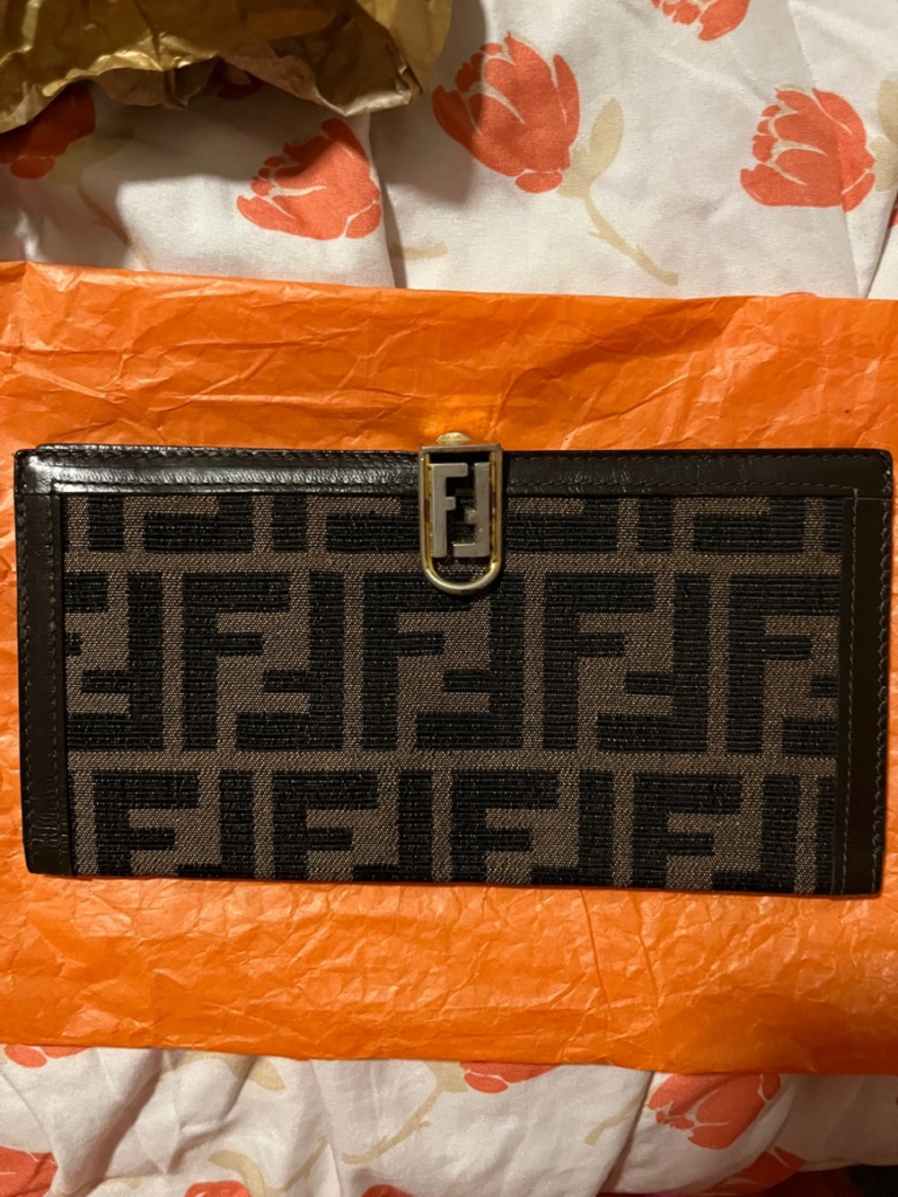 Fendi FF Jacquard Continental Wallet in Brown and Black with Gold Hardware - Picture 6 of 6